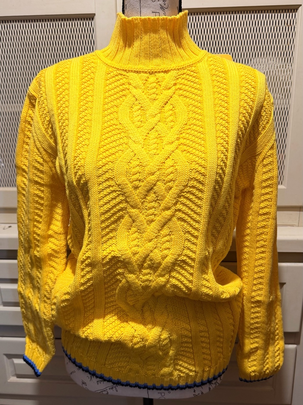 NWT Escada Yellow Wool Cashmere Silk Cable Knit Mock Neck Sweater